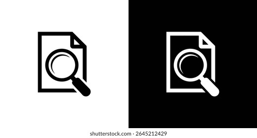 Ícone gráfico com um documento com um canto virado para baixo e uma lente de aumento posicionada sobre ele, apresentado em esquemas de cores preto e branco e invertido.