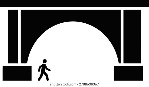 A graphic icon featuring a human silhouette walking towards a large white archway set against a black rectangular structure.