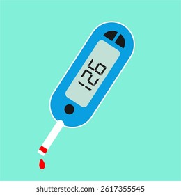 Graphic icon of a glucometer with a blood sample, a medical device 
used by doctors for checking blood sugar, commonly used for diabetic patients. 
Flat vector illustration.
