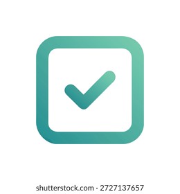 Graphic icon of a green check mark within rounded square with gradient. Flat style on White Background.
