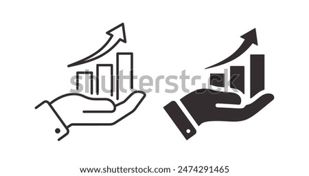Graphic icon of a hand supporting a growth chart, symbolizing financial increase and management. Vector illustration.