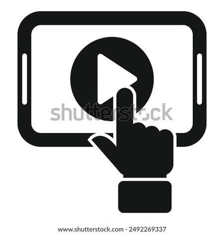 Graphic icon of a hand tapping a play button on a tablet screen indicating video play action