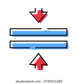 Graphic icon illustrating the concept of compression with two red arrows pushing together a central blue element, symbolizing reduction, downsizing, or compacting information and files