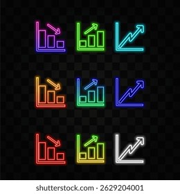 Ilustración de icono gráfico con flecha hacia abajo. Gráfico creciente. Declive de gráfico financiero. estilo de neón.. adecuado para App, Sitios web, App móviles..