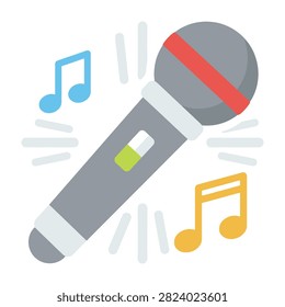 Graphic icon of a karaoke microphone surrounded by colorful musical notes and sound lines. Represents singing, music, entertainment, and audio recording concepts.
