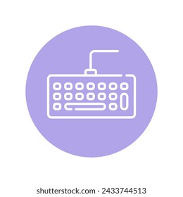 Icono gráfico de un teclado centrado dentro de un círculo púrpura que representa la entrada digital o un accesorio de equipo.