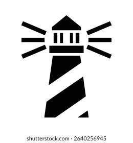 A graphic icon of a lighthouse with radiating light beams.