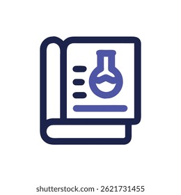 A graphic icon of an open blue book with a blue flask inside. Vector flat illustration with bold, simple design.