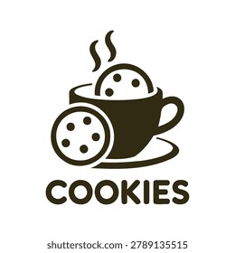A graphic icon representing a steaming cup of hot chocolate with a cookie inside and another cookie on the side with the word cookies below