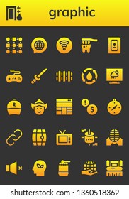 graphic icon set. 26 filled graphic icons.  Simple modern icons about  - Pattern, Exit, Chat, Wifi, Tooth, Book, Joystick, Katana, Fence, Water, Television, Ribbon, Woman, Layout