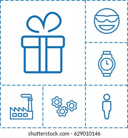 Graphic icon. set of 6 graphic outline icons such as man, present, wrist watch, emot in sun glasses, gear