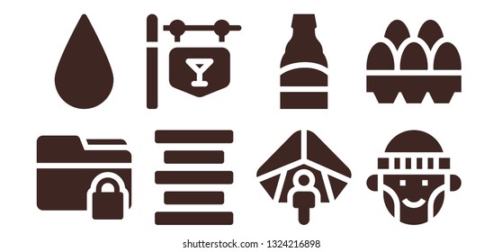 graphic icon set. 8 filled graphic icons.  Collection Of - Folder, Blur, Center alignment, Bar, Hang gliding, Beer, Hipster, Eggs