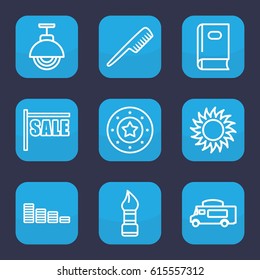 Graphic icon. set of 9 outline graphic icons such as book, comb, brush, Casino chip, equalizer, van, sun, street lamp