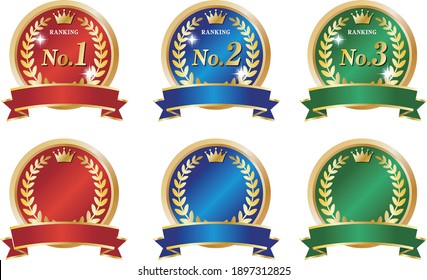 Graphic icon set of colorful ranking medals in red, blue and green