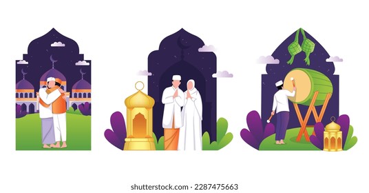 Graphic icon set with the concept of a Muslim man and woman praying in front of a mosque. ramadan vector illustration on purple white background.
