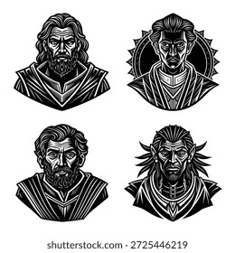 Conjunto de ícones gráficos com retratos masculinos gravados monocromáticos, avatares de personagens históricos e colagem de ilustrações Mythical Fantasy Warrior