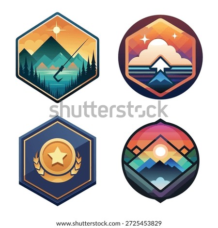 Graphic Icon Set Featuring Fishing Adventure Mountain Badge, Cloud Rising Arrow Symbol, Gold Star Achievement Award, and Geometric Sunset Landscape Collage