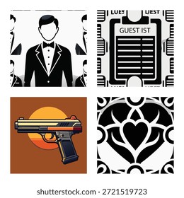 Graphic Icon Set Featuring Formal Tuxedo Male Avatar, Guest List Clipboard Badge, Futuristic Handgun Illustration, and Monochrome Heart Pattern Motif Collage