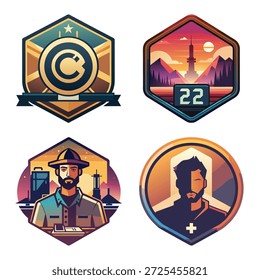 Grafik-Symbol-Set mit goldenem Firmenlogo-Abzeichen, Sunset Skyline Nummer 22 Emblem, professioneller männlicher Spezialist Avatar, und minimalistische Identität Profil Collage