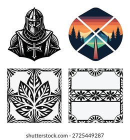 Graphic Icon Set Featuring Monochrome Medieval Knight Portrait, Sunset Mountain Road Badge, Ornate Leaf Tile Pattern, and Geometric Floral Border Design Collage