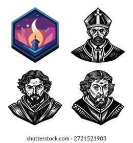 Graphic Icon Set Featuring Purple Cosmic Space Badge, Monochrome Bishop Portrait, and Etched Style Nobleman Character Avatar Collage