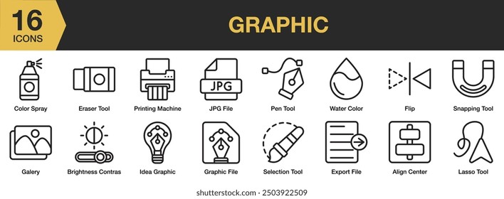 Graphic icon set. Includes graphic file, jpg file, pen tool, lasso tools, snapping tool, and More. Outline icons vector collection.