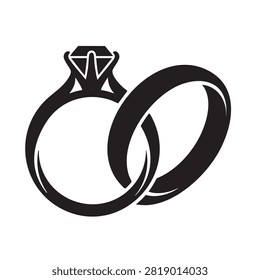 Graphic icon showing pair of wedding rings with solitaire diamond stone in black silhouette style representing engagement marriage and everlasting love bond simple elegant design element for wedding invitations greeting cards and romantic event branding isolated on solid white background.