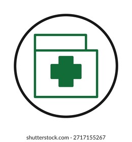 Un icono gráfico muestra una carpeta de archivos con un símbolo de cruz dentro de un círculo. El aspecto general evoca el mantenimiento de registros de salud, la gestión de datos médicos y los servicios de atención médica en línea. Adecuado para representar