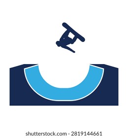 A graphic icon of a skateboarder performing a trick in a half pipe ramp. Features a blue and dark blue color scheme. Represents extreme sports, recreation, and athletic activities for design use.