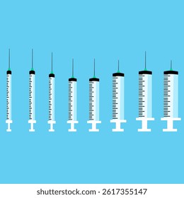 Graphic icon of syringes in various sizes, used by doctors for injecting 
medicine or drawing blood. Flat vector illustration. 
