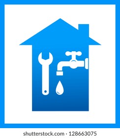graphic icon with water tap, drop and wrench