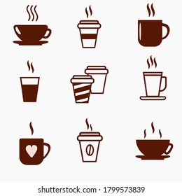 graphic icons on the theme of hot drinks tea and coffee in cups and cups