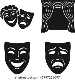 Graphic icons representing dramatic arts including smiling and crying faces with stage drapery. Ideal for entertainment branding and theatrical promotion.