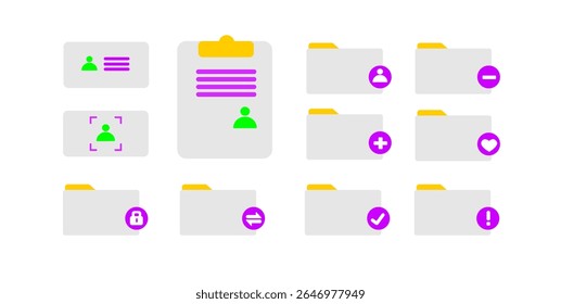 Graphic icons representing user profiles, documents, and folders with symbols like plus, minus, heart, checkmark, and exclamation point.