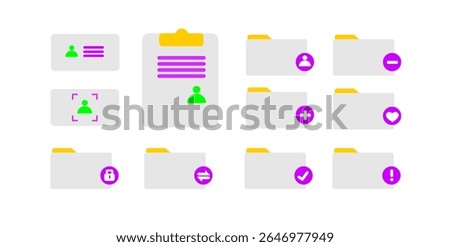 Graphic icons representing user profiles, documents, and folders with symbols like plus, minus, heart, checkmark, and exclamation point.