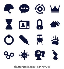 graphic icons set. Set of 16 graphic filled icons such as animal paw, train, house, woman face with flower in hair, nail gun, bacteria, helmet, intercom, switch off, hourglass