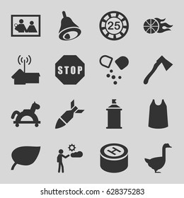 Graphic icons set. set of 16 graphic filled icons such as goose, 25 casino chip, singlet, spray paint, axe, man, pill, bell, hospital, stop, home signal, basketball