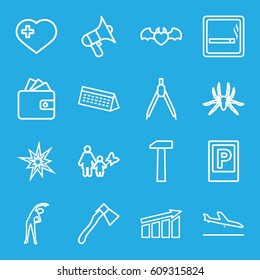 Graphic icons set. set of 16 graphic outline icons such as plane landing, parking, smoking area, spider, exercising, Wallet, axe, heart with cross, devil heart with wings