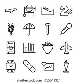 Graphic icons set. set of 16 graphic outline icons such as crab, spa stone, Casino bet, plane, nail, concrete mixer, raspberry, wrist watch, football pitch, snow board, flag