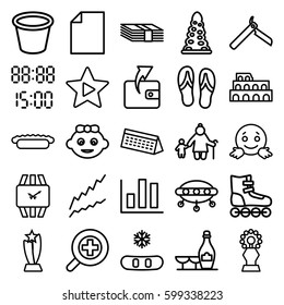 graphic icons set. Set of 25 graphic outline icons such as Coliseum, tunnel, baby girl, bllade razor, Wallet, champagne and wine glasses, pot for plants, favorite music, pie