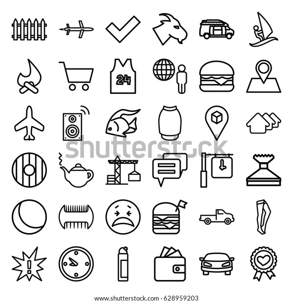 Graphic icons set. set\
of 36 graphic outline icons such as plane, fish, goat, car, fence,\
construction crane, house, comb, teapot, Wallet, window squeegee,\
cleanser, tights
