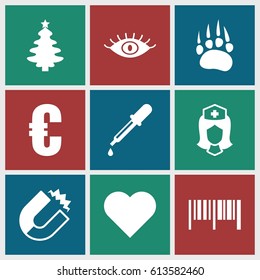 Graphic icons set. set of 9 graphic filled icons such as animal paw, pipette, eye, nurse, magnet, euro, barcode, heart