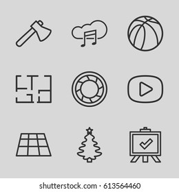 Graphic icons set. set of 9 graphic outline icons such as board, axe, basketball, music cloud, camera shutter, plan, play, Christmas tree