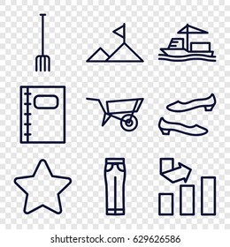 Graphic Icons Set. Set Of 9 Graphic Outline Icons Such As Wheel Barrow, Shoe, Woman Pants, Graph, Pitchfork, Cargo Ship, Star, Notebook