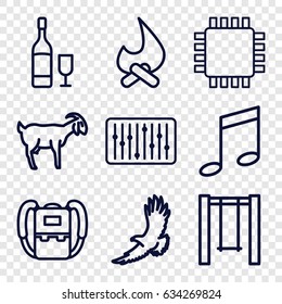 Graphic icons set. set of 9 graphic outline icons such as eagle, goat, backpack, swing, slider, wine glass and bottle, cpu, bonfire