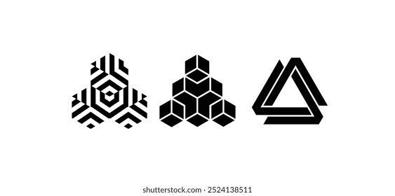 Graphic icons set with abstract triangle designs on black backgrounds, perfect for creating modern, visually striking design projects and adding flair to artistic concepts.