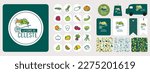 graphic identity for an organic vegetable garden, pattern, background, motif, picto, fruit and vegetable symbol, mockup, van, shopping bag, labels, paper