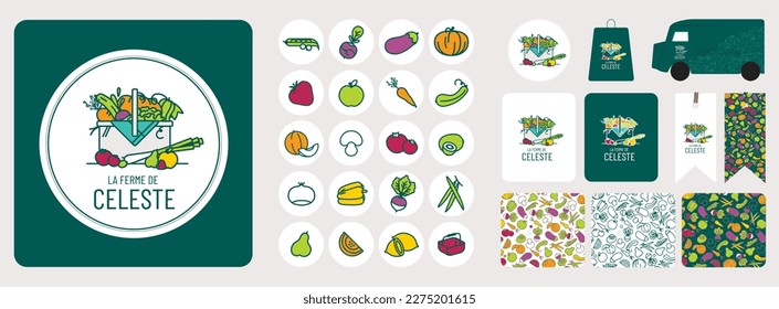 graphic identity for an organic vegetable garden, wheelbarrow with vegetables, pattern, background, motif, picto, fruit and vegetable symbol, mockup, van, shopping bag, labels, paper