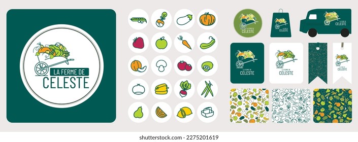 graphic identity for an organic vegetable garden, pattern, background, motif, picto, fruit and vegetable symbol, mockup, van, shopping bag, labels, paper