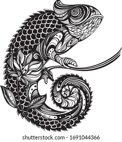 Graphic iguana in zentangle style. Hand-drawn illustration. The image can be used as a print,tattoo,coloring book,logo.